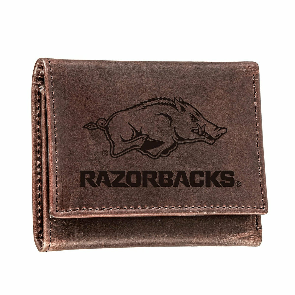 University of Arkansas, Tri-Fold Wallet, Brown, CH, 100% Genuine Leath