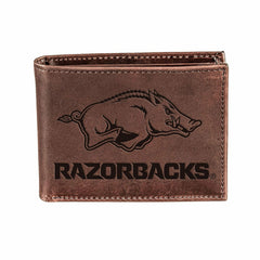University of Arkansas, Bi-Fold Wallet, Brown, CH, 100% Genuine Leathe