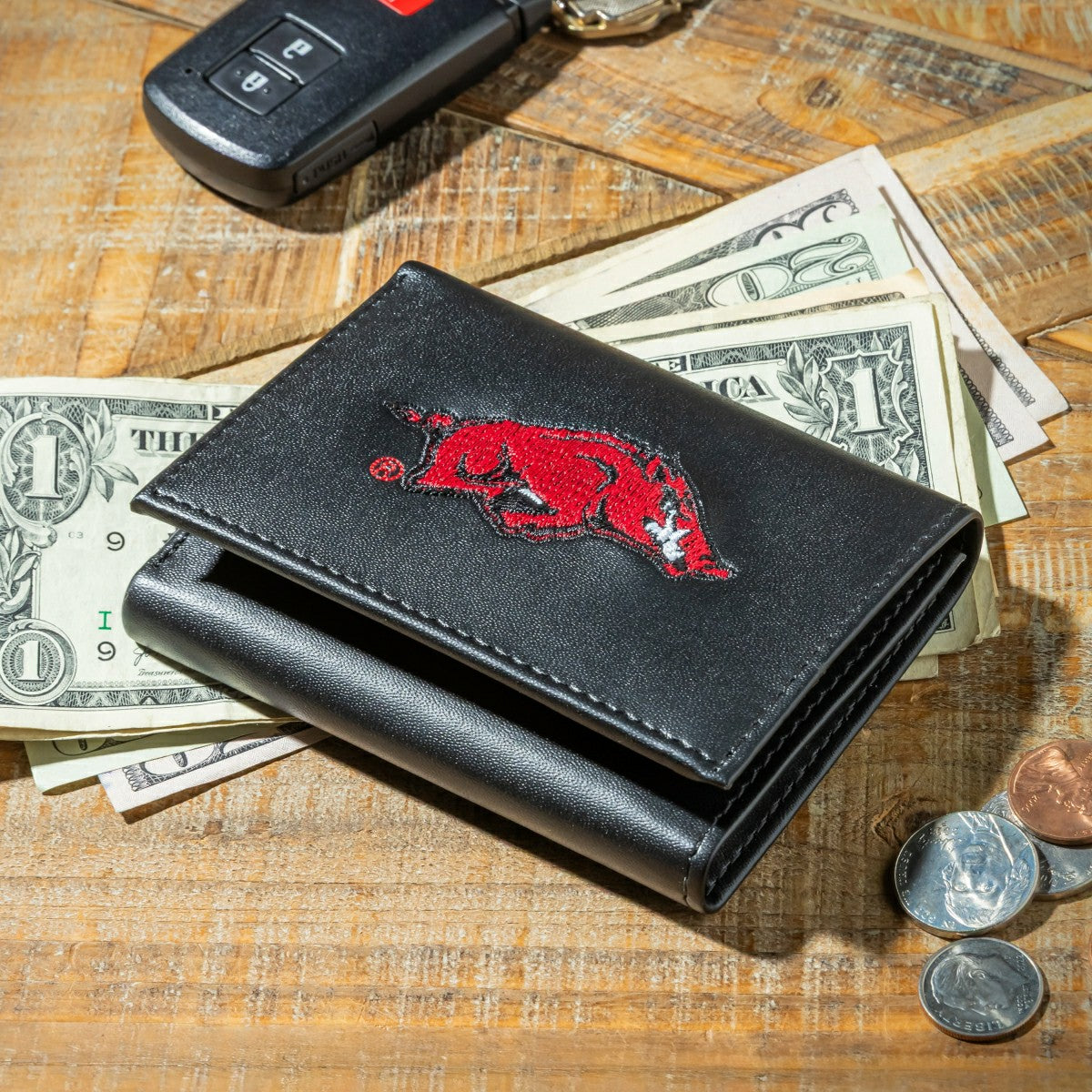 University of Arkansas Black Tri-Fold Embroidered Wallet w/ RFID Blocking
