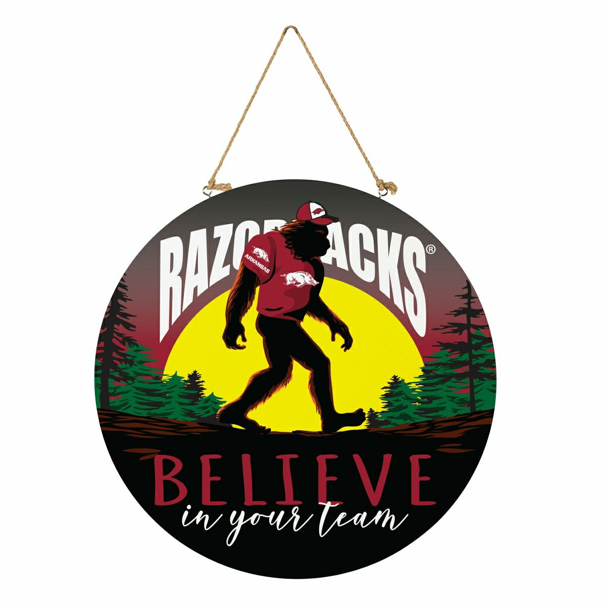 University of Arkansas Bigfoot Round Door Décor with Hanging Rope, 18x