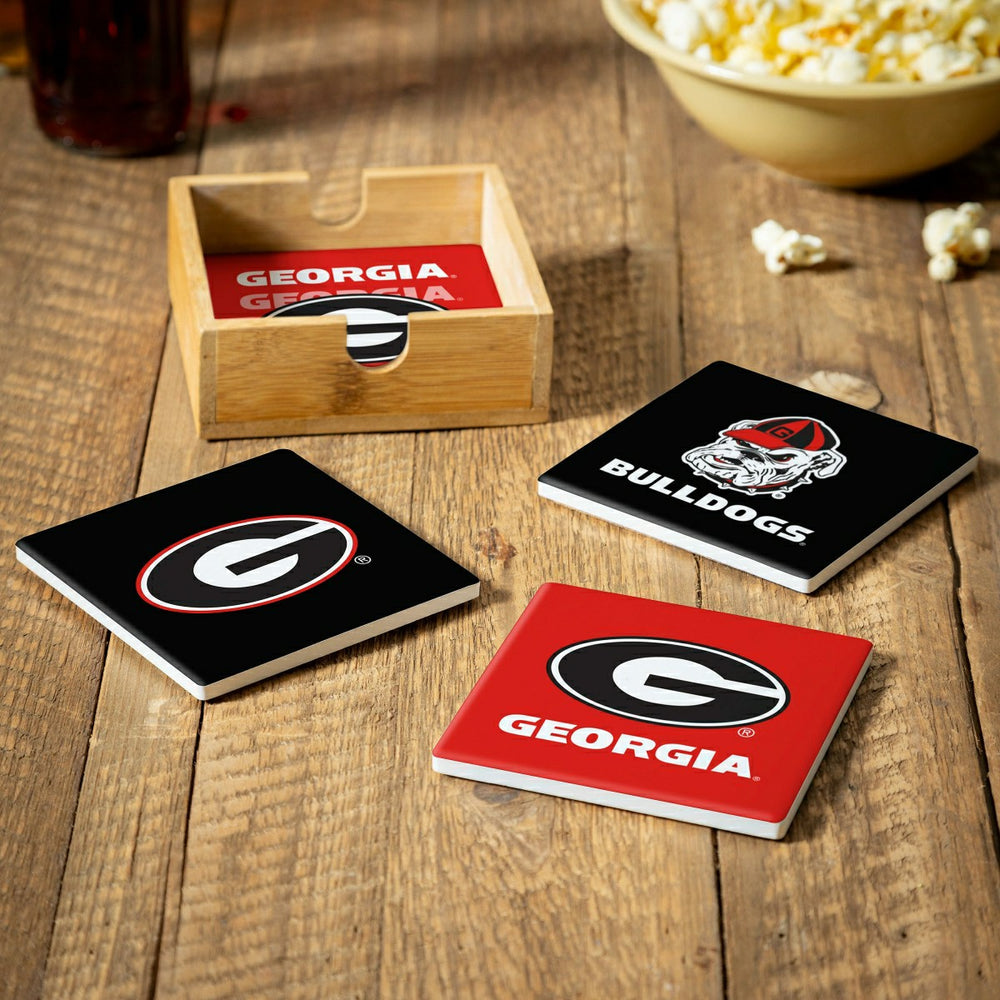 University of Georgia Ceramic Coasters Set, 4pcs with Wood Caddy