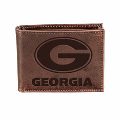 University of Georgia, Bi-Fold Wallet, Brown, CH, 100% Genuine Leather