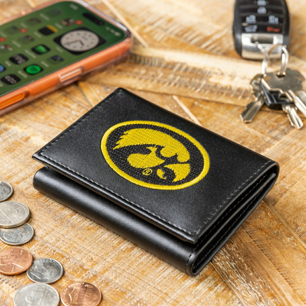University of Iowa Black Tri-Fold Embroidered Wallet w/ RFID Blocking