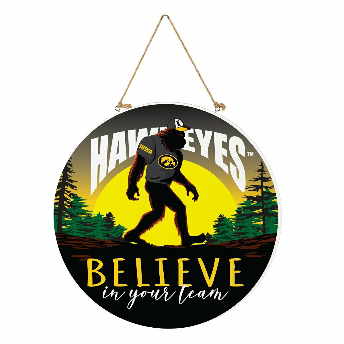 University of Iowa Bigfoot Round Door Décor with Hanging Rope, 18x18