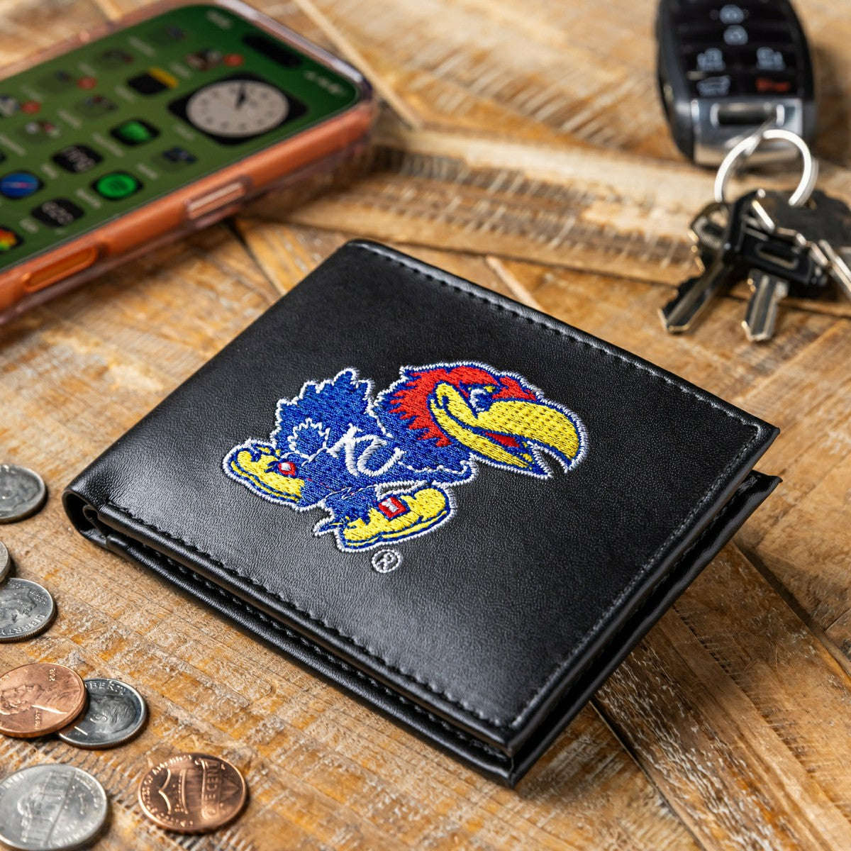 University of Kansas Black Bi-Fold Embroidered Wallet