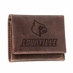 University of Louisville, Tri-Fold Wallet, Brown, CH, 100% Genuine Lea