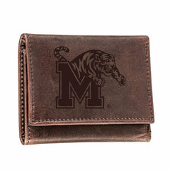 University of Memphis, Tri-Fold Wallet, Brown, CH, 100% Genuine Leathe