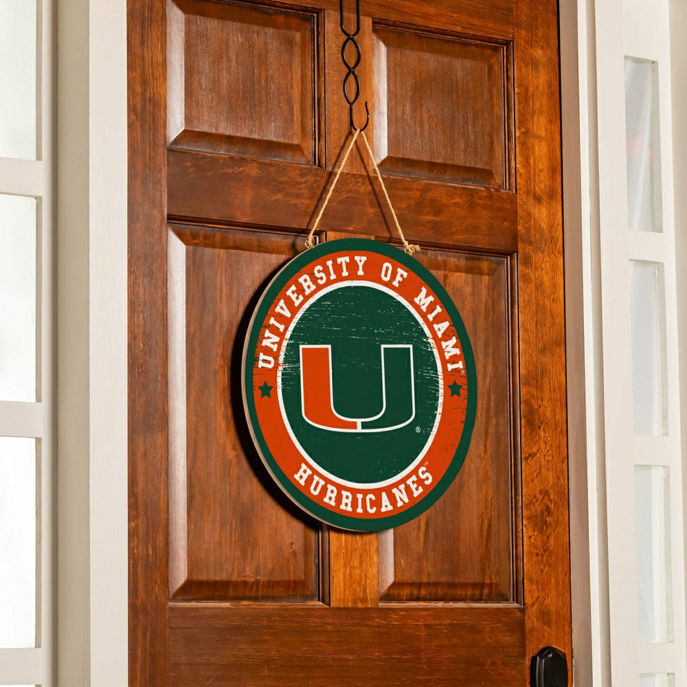 University of Miami Round Door Décor with Hanging Rope, 18x18