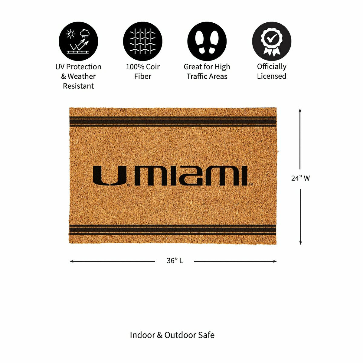 University of Miami Large One Color Coir Mat, 36"x24"