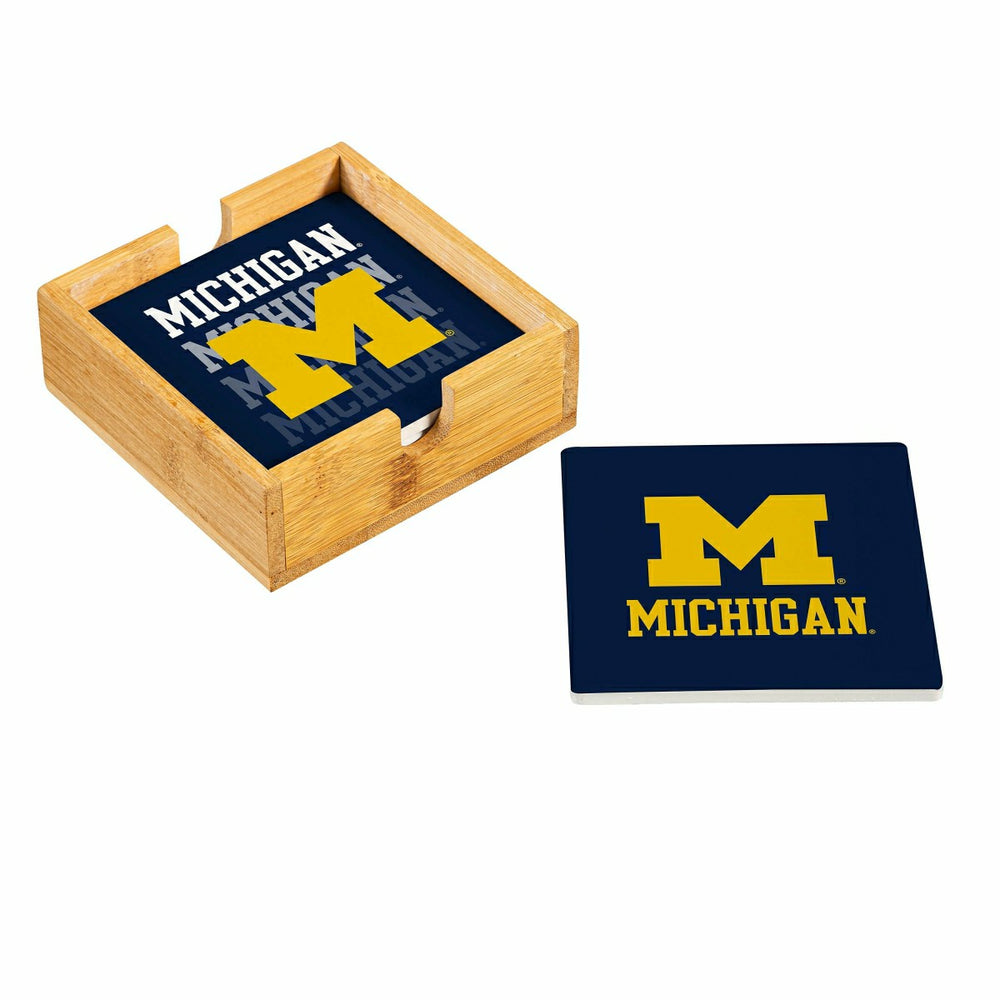 University Of Michigan Ceramic Coasters Set, 4pcs with Wood Caddy