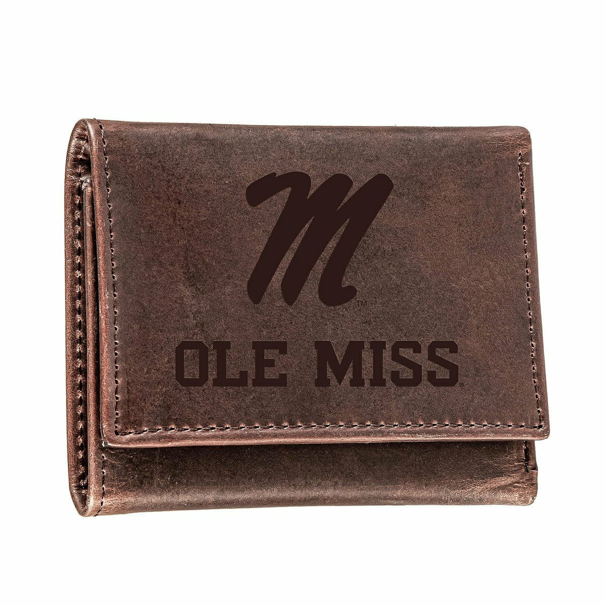 University of Mississippi, Tri-Fold Wallet, Brown, CH, 100% Genuine Le