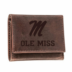 University of Mississippi, Tri-Fold Wallet, Brown, CH, 100% Genuine Le