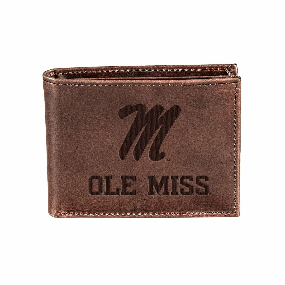University of Mississippi, Bi-Fold Wallet, Brown, CH, 100% Genuine Lea