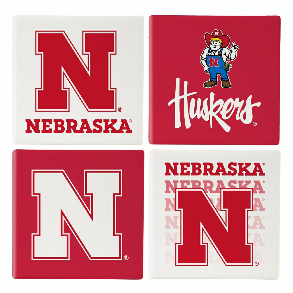 University of Nebraska Ceramic Coasters Set, 4pcs with Wood Caddy