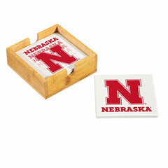 University of Nebraska Ceramic Coasters Set, 4pcs with Wood Caddy