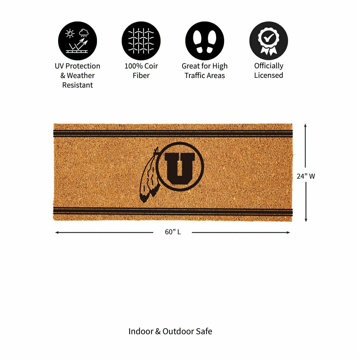 University of Utah Extra Large One Color Coir Mat, 60"x24"