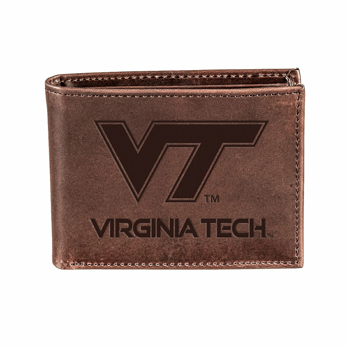 Virginia Tech, Bi-Fold Wallet, Brown, CH, 100% Genuine Leather