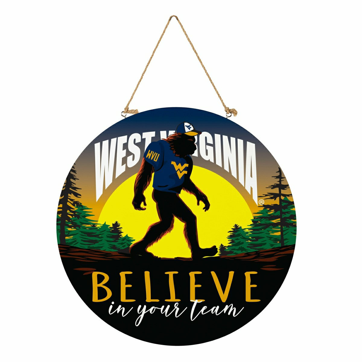 West Virginia University Bigfoot Round Door Décor with Hanging Rope, 1