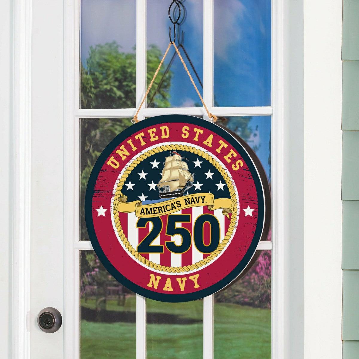 US Navy, 250th Anniversary Round Door Décor with Hanging Rope, 18x18