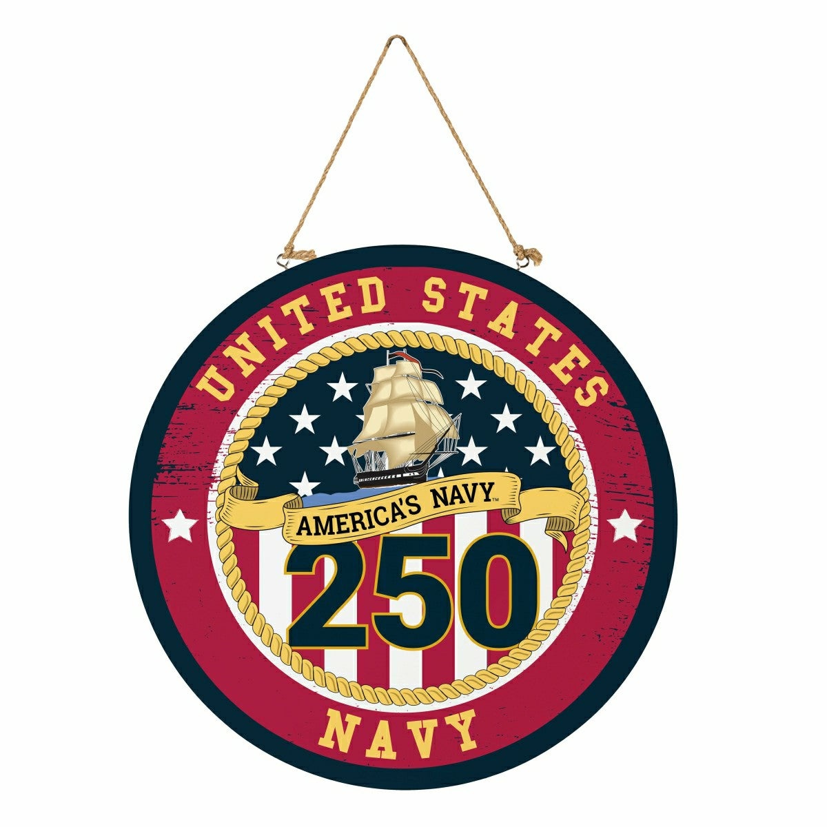 US Navy, 250th Anniversary Round Door Décor with Hanging Rope, 18x18