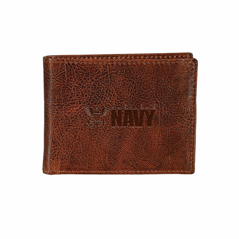 US Navy, Embossed 100% Genuine Tumbled Leather Passcase Bi-Fold Wallet
