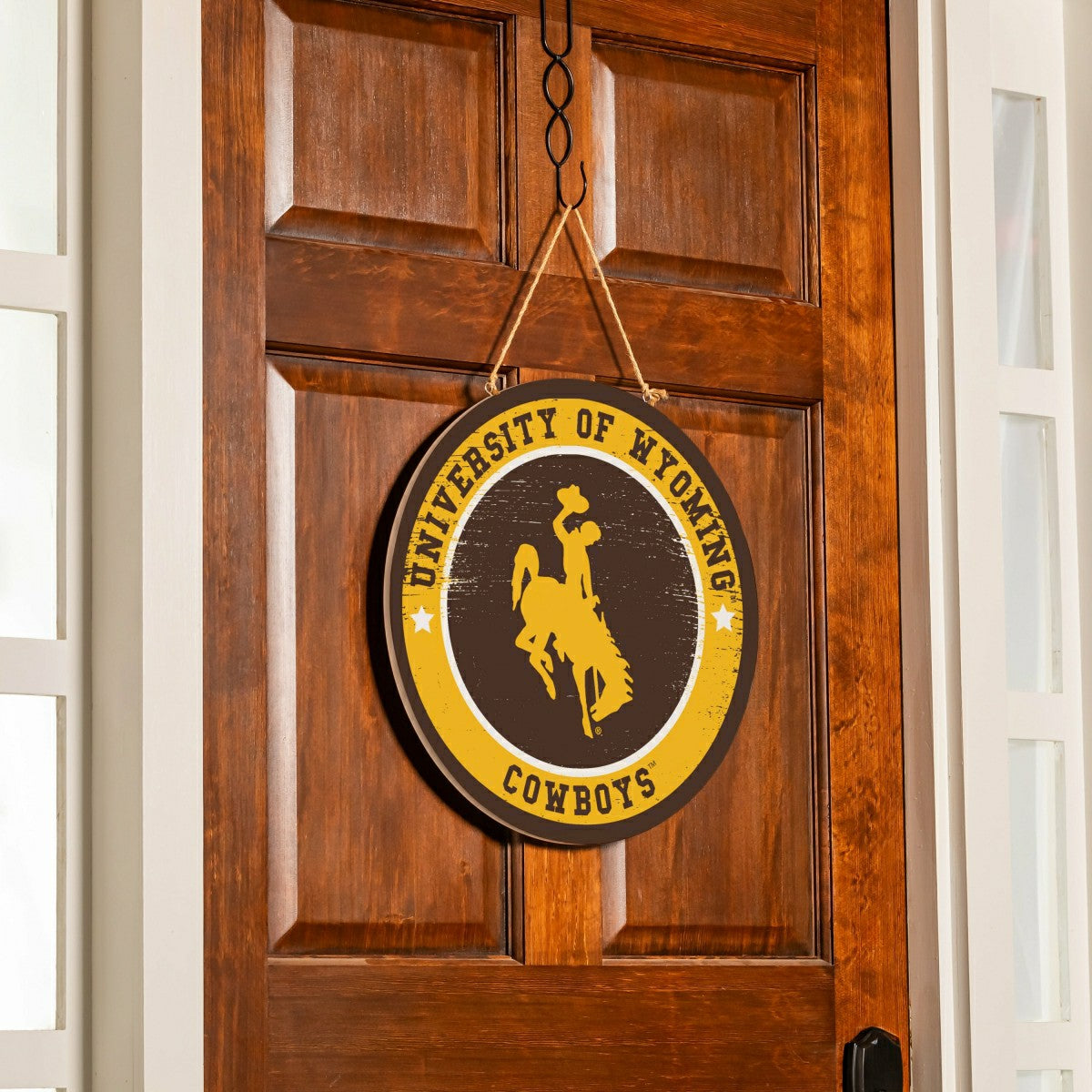 University of Wyoming Round Door Décor with Hanging Rope, 18x18