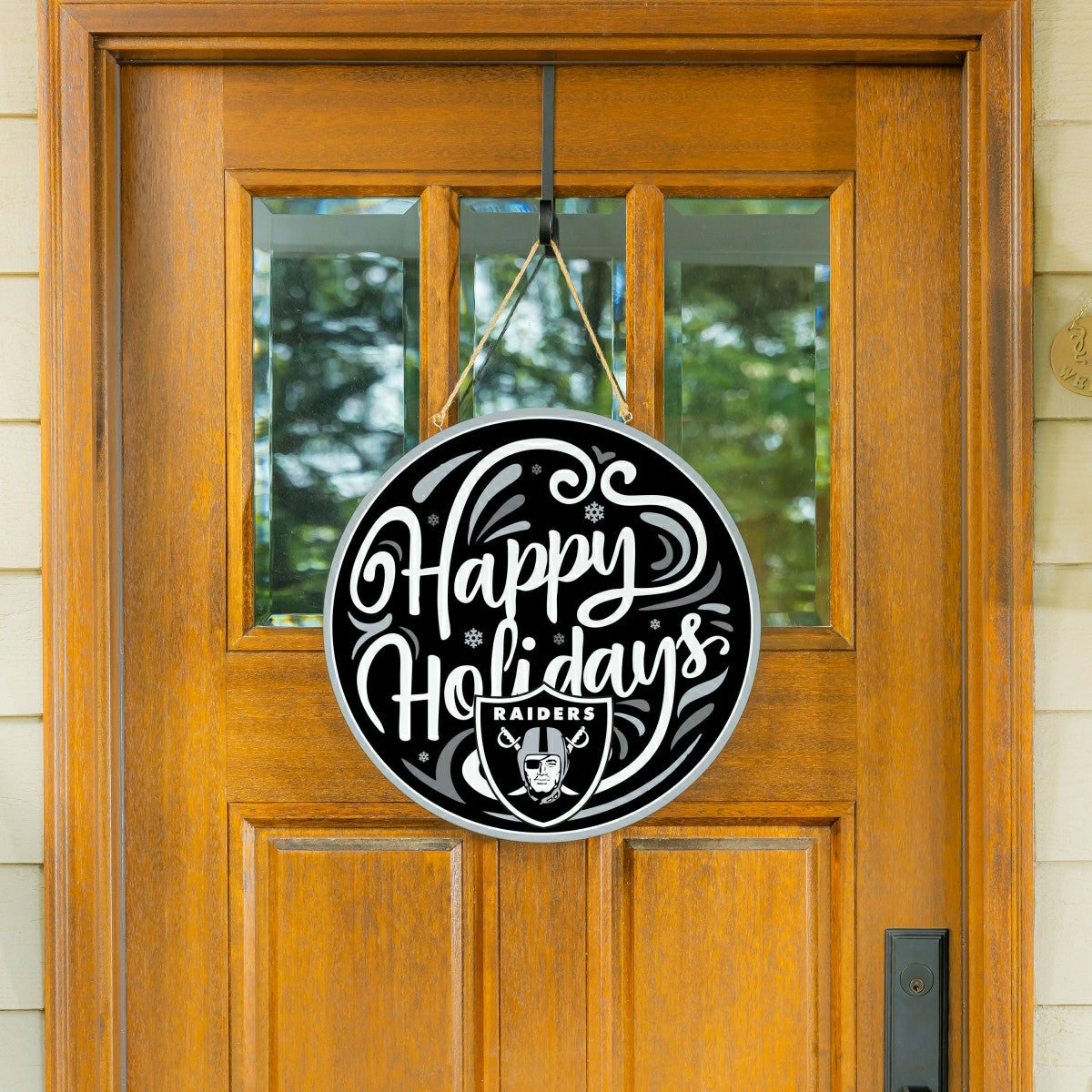 Las Vegas Raiders Holiday Round Door Décor with Hanging Rope, 18x18