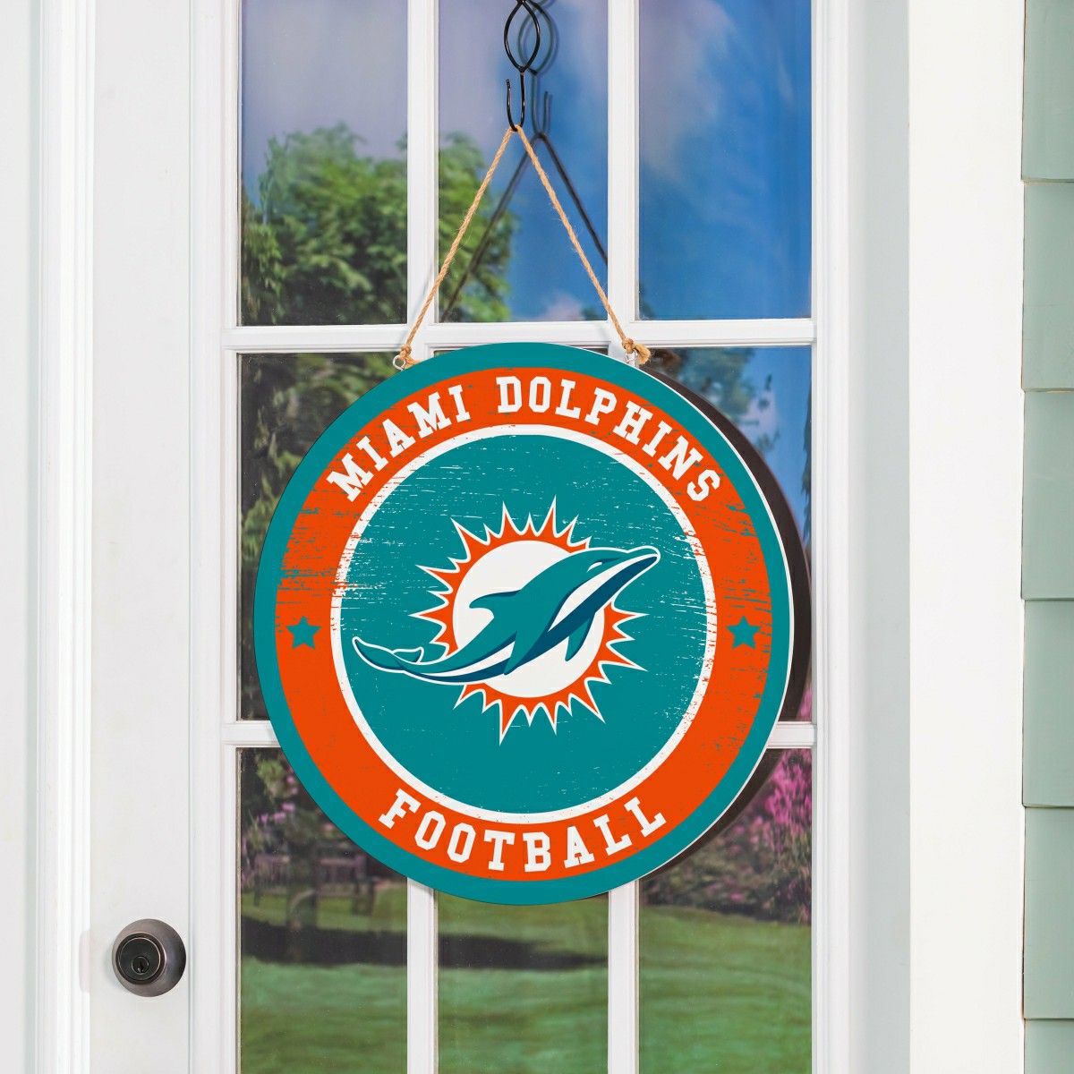Miami Dolphins Round Door Décor with Hanging Rope, 18x18