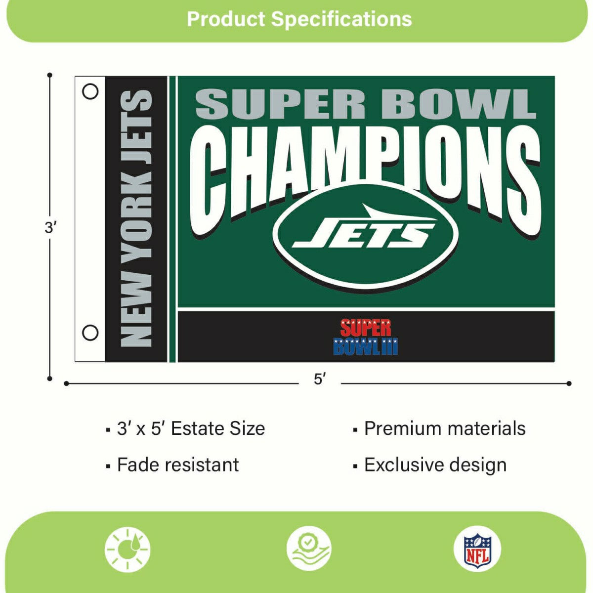 New York Jets Superbowl III Champions Football 3x5 Flag