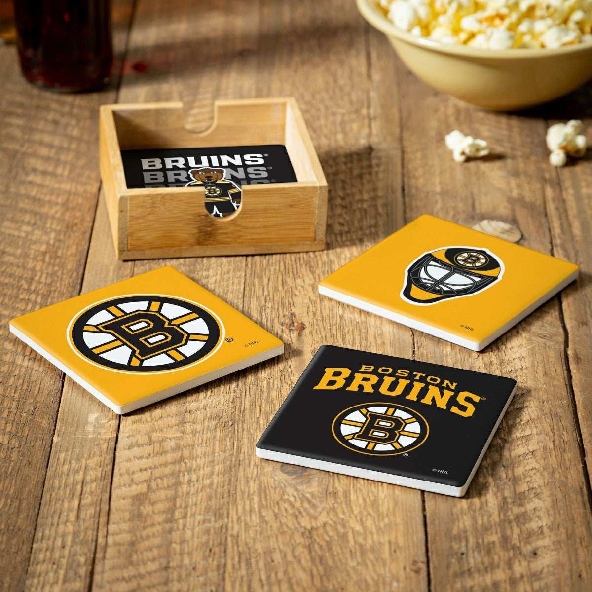 Boston Bruins Ceramic Coasters Set, 4pcs with Wood Caddy