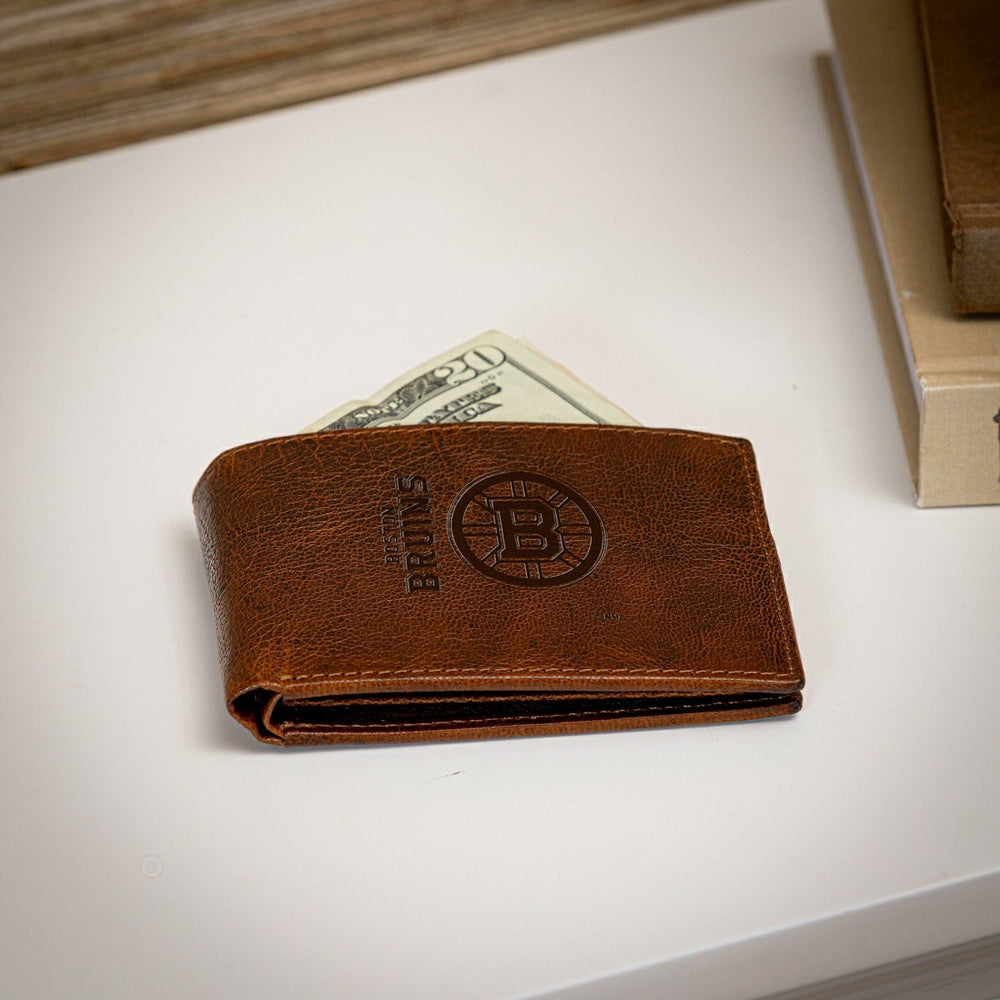 Boston Bruins, Embossed 100% Genuine Tumbled Leather Passcase Bi-Fold
