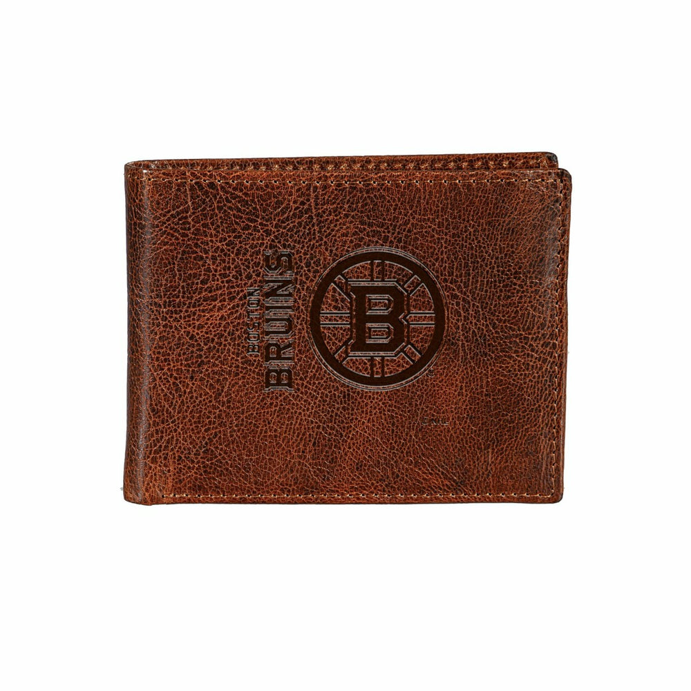 Boston Bruins, Embossed 100% Genuine Tumbled Leather Passcase Bi-Fold