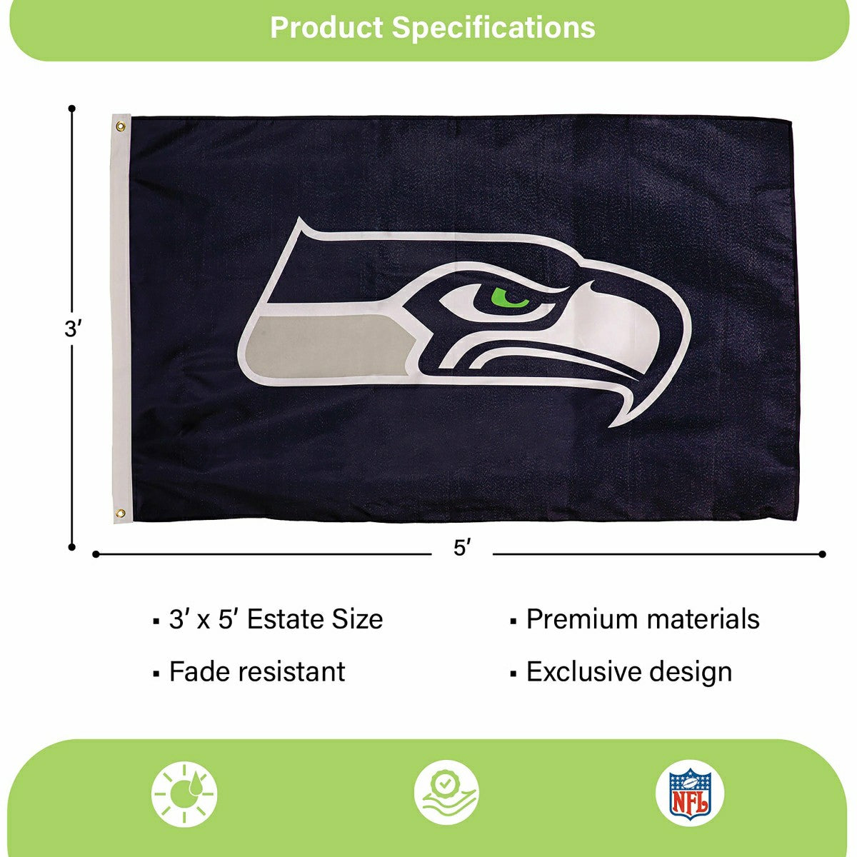 Seattle Seahawks Single Sided Estate Flag with 2 Grommets, 3'x5'