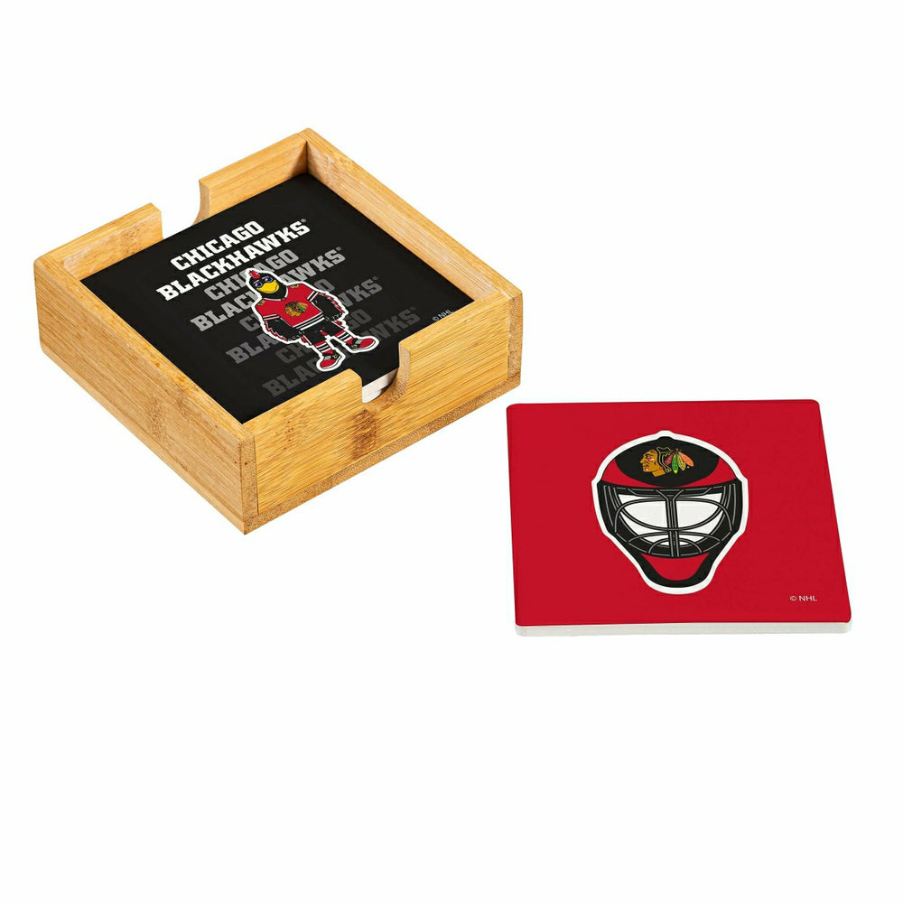 Chicago Blackhawks Ceramic Coasters Set, 4pcs with Wood Caddy