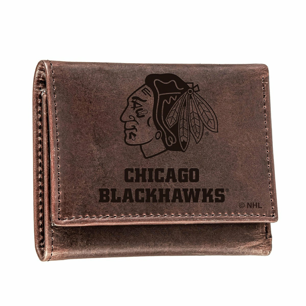 Chicago Blackhawks, Tri-Fold Wallet, Brown, CH, 100% Genuine Leather