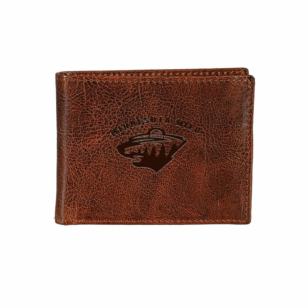Minnesota Wild, Embossed 100% Genuine Tumbled Leather Passcase Bi-Fold