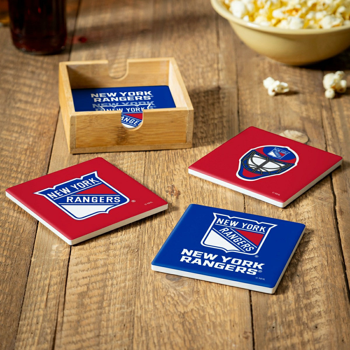 New York Rangers Ceramic Coasters Set, 4pcs with Wood Caddy