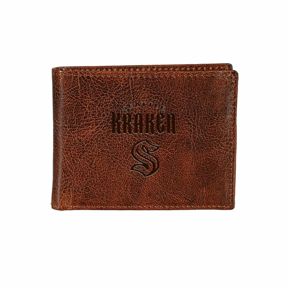 Seattle Kraken, Embossed 100% Genuine Tumbled Leather Passcase Bi-Fold