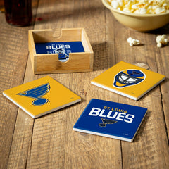St Louis Blues Ceramic Coasters Set, 4pcs with Wood Caddy