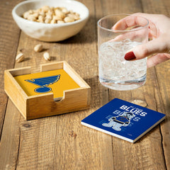 St Louis Blues Ceramic Coasters Set, 4pcs with Wood Caddy