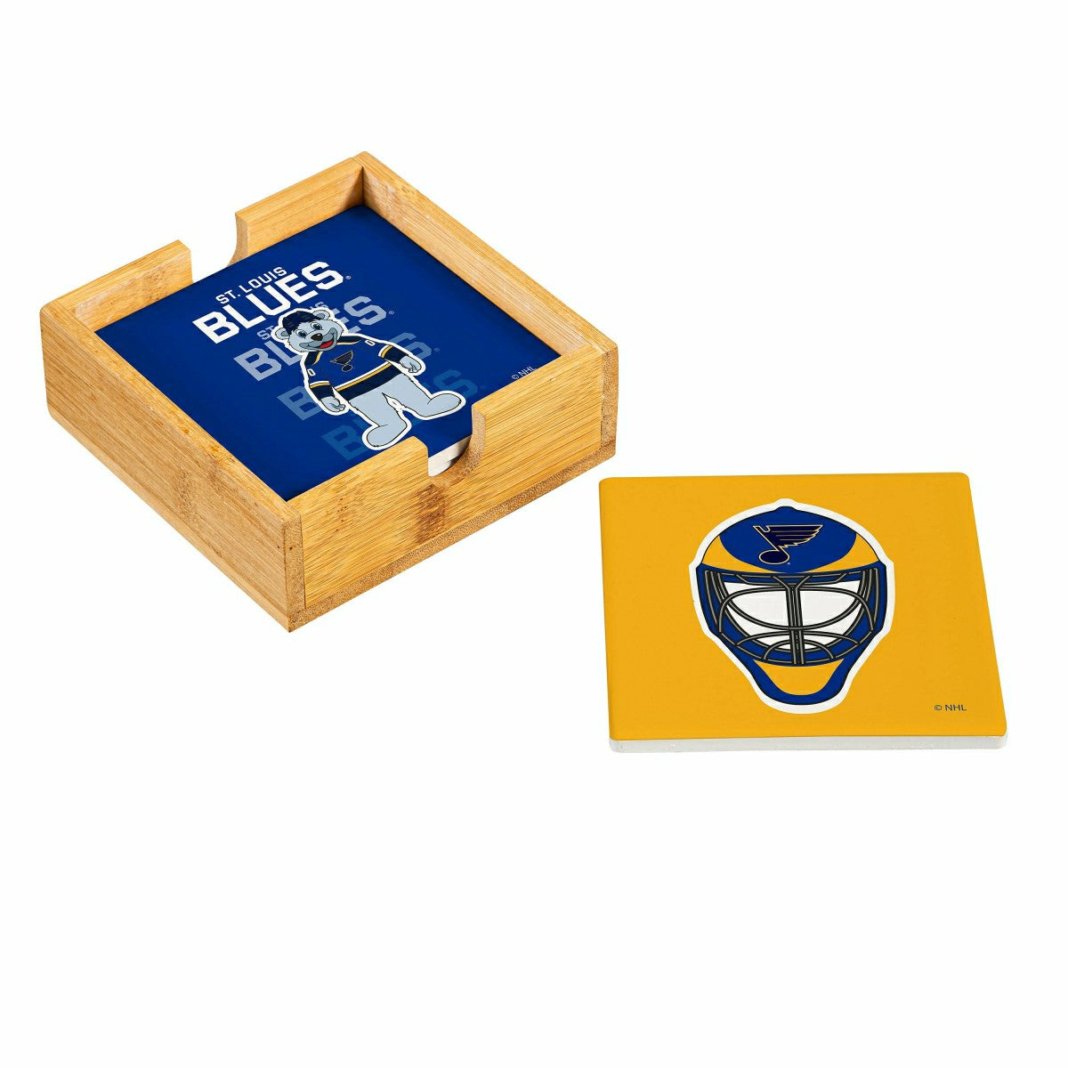 St Louis Blues Ceramic Coasters Set, 4pcs with Wood Caddy