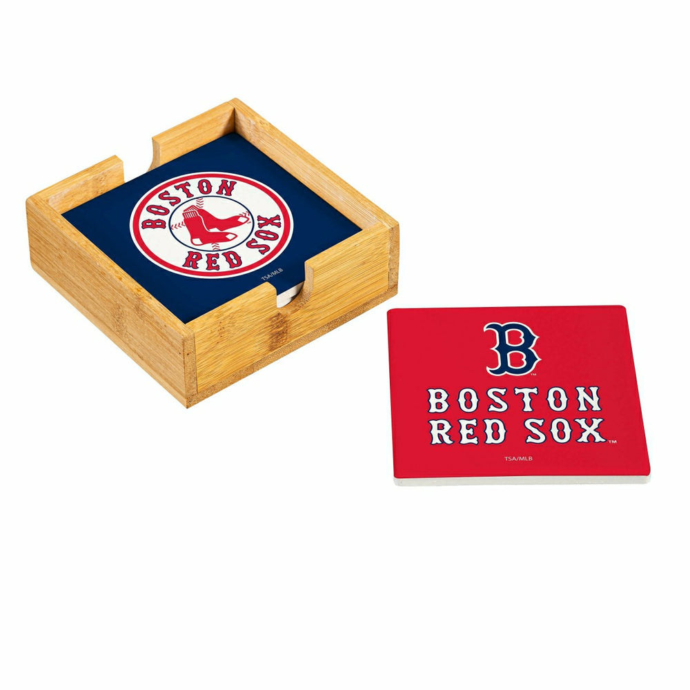 Boston Red Sox Ceramic Coasters Set, 4pcs with Wood Caddy