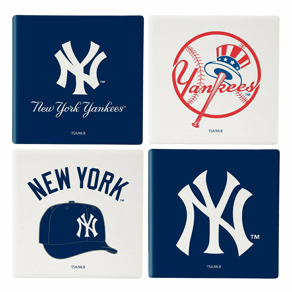 New York Yankees Ceramic Coasters Set, 4pcs with Wood Caddy