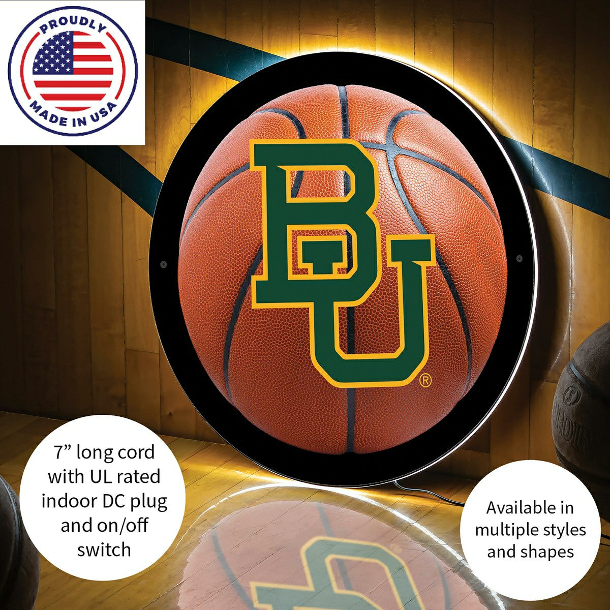 LED Wall Decor, Round, Med, Baylor, Basketball