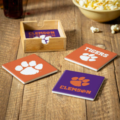 Clemson University Ceramic Coasters Set, 4pcs with Wood Caddy