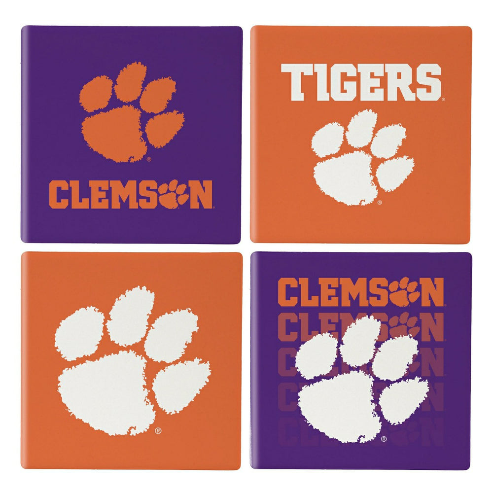 Clemson University Ceramic Coasters Set, 4pcs with Wood Caddy