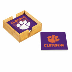 Clemson University Ceramic Coasters Set, 4pcs with Wood Caddy
