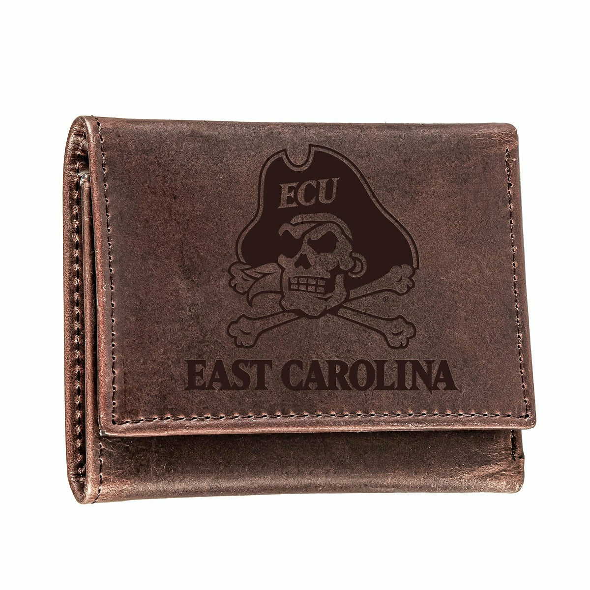 East Carolina University, Tri-Fold Wallet, Brown, CH, 100% Genuine Lea