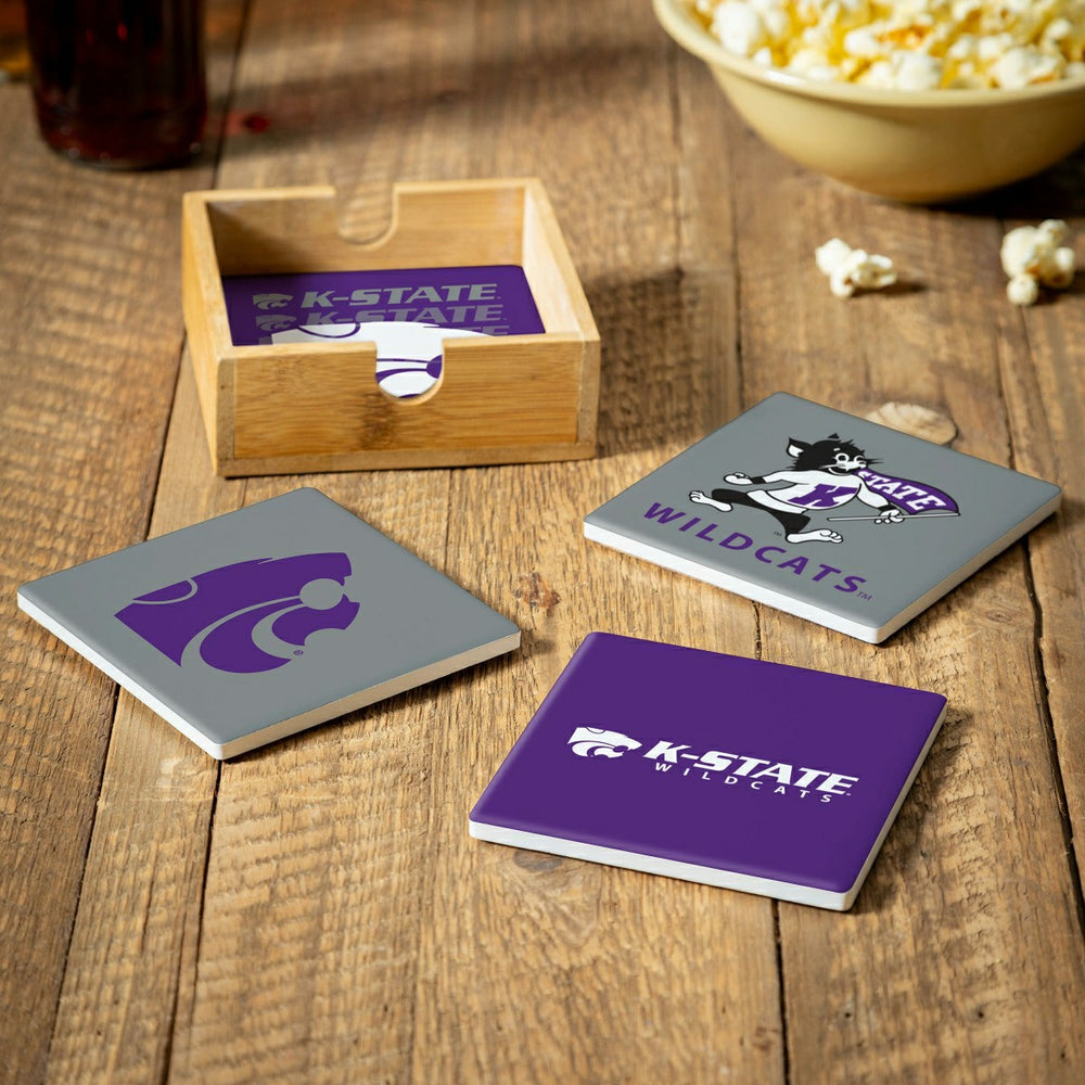 Kansas State University Ceramic Coasters Set, 4pcs with Wood Caddy