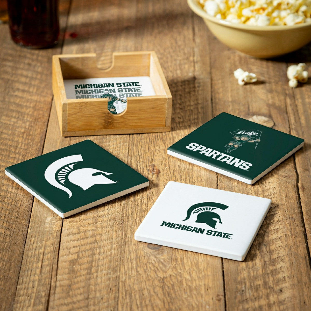 Michigan State University Ceramic Coasters Set, 4pcs with Wood Caddy